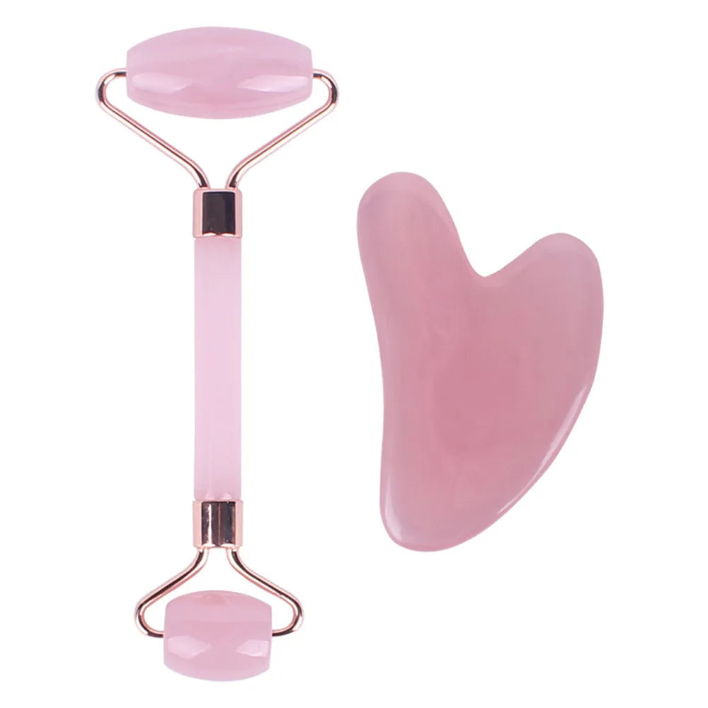 Pink Resin Jade Roller & Rose Quartz Gua Sha Facial Massage Set