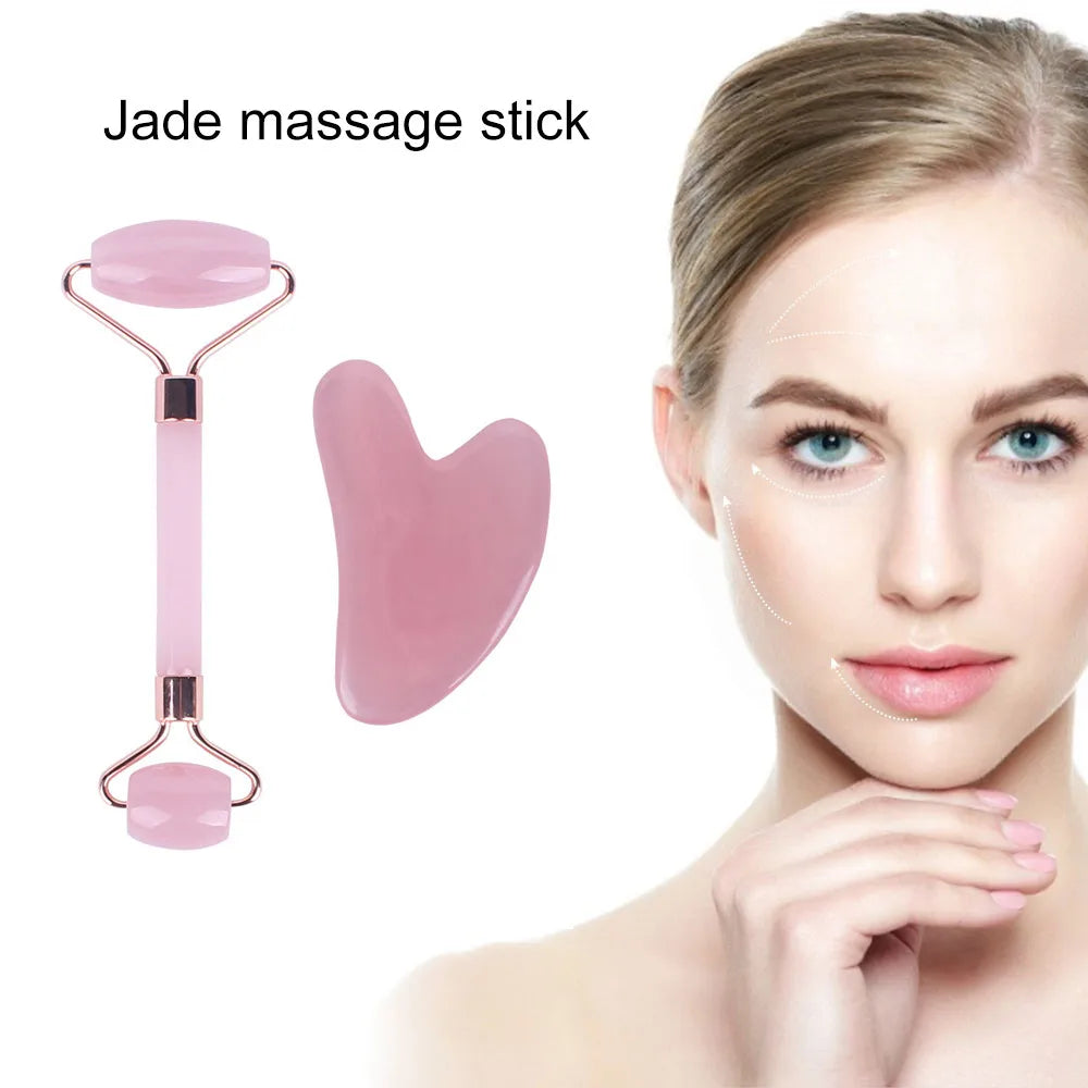 Pink Resin Jade Roller & Rose Quartz Gua Sha Facial Massage Set